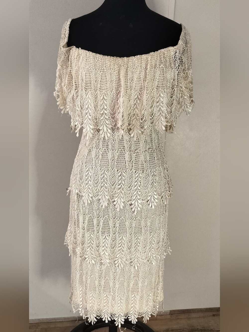 Jordan One-Shoulder Fringe Crochet Dress in Cream
